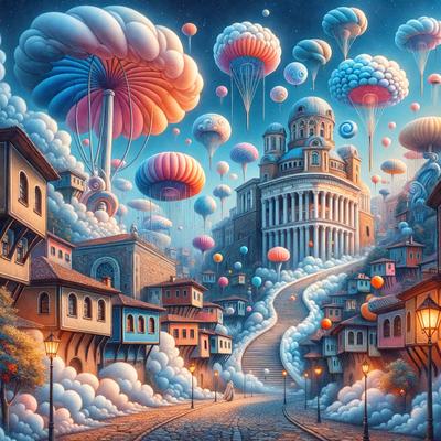 The primary subject of the image is a whimsical, colorful scene featuring a city street with a large building, a castle, and a staircase. The setting is a fantasy world with a sky filled with floating balloons and kites. The visual style is a digital art or illustration, creating a vibrant and imaginative atmosphere. The colors and mood are predominantly bright and cheerful, with a sense of wonder and playfulness.